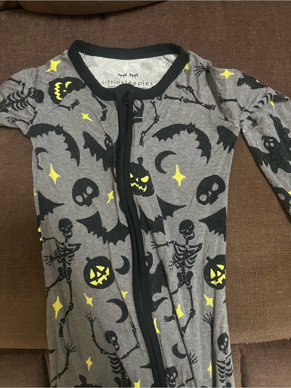 Little Sleepies Gray and Black Halloween Sleep Zipper Footie with Yellow Accents